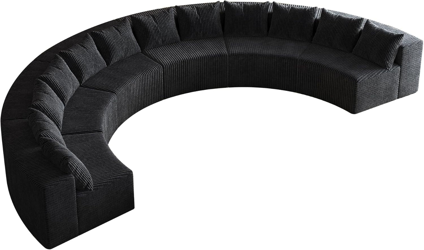 KEIKI Corduroy Curved Sectional Sofa, 6 Seater Symmetrical Modular Semi Circular Couch, Deep Seat Tufted Corner Sofa for Living Room, Lobby, Black