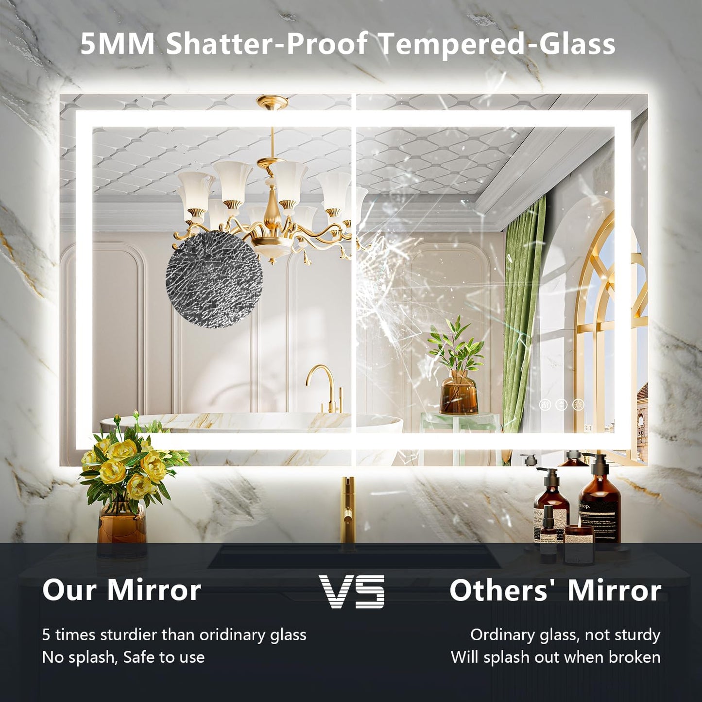 48x30 Inch LED Bathroom Mirror with Lights Front and Backlit Lighted Vanity Mirror for Bathroom Wall with 3 Colors Dimmable Anti-Fog Memory Shatter-Proof IP54 Waterproof Horizontal/Vertical