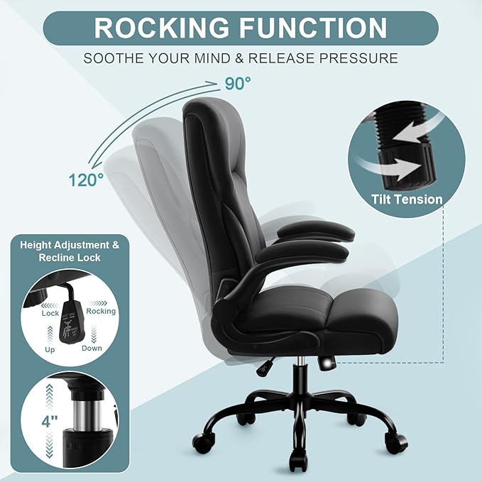 Executive Office Chair, High Back Ergonomic Comfy Desk Chair with Padded Flip-up Armrests and Wheels, PU Leather Heavy Duty Computer Swivel Rolling Task Chair for Home Office, Adults, Black