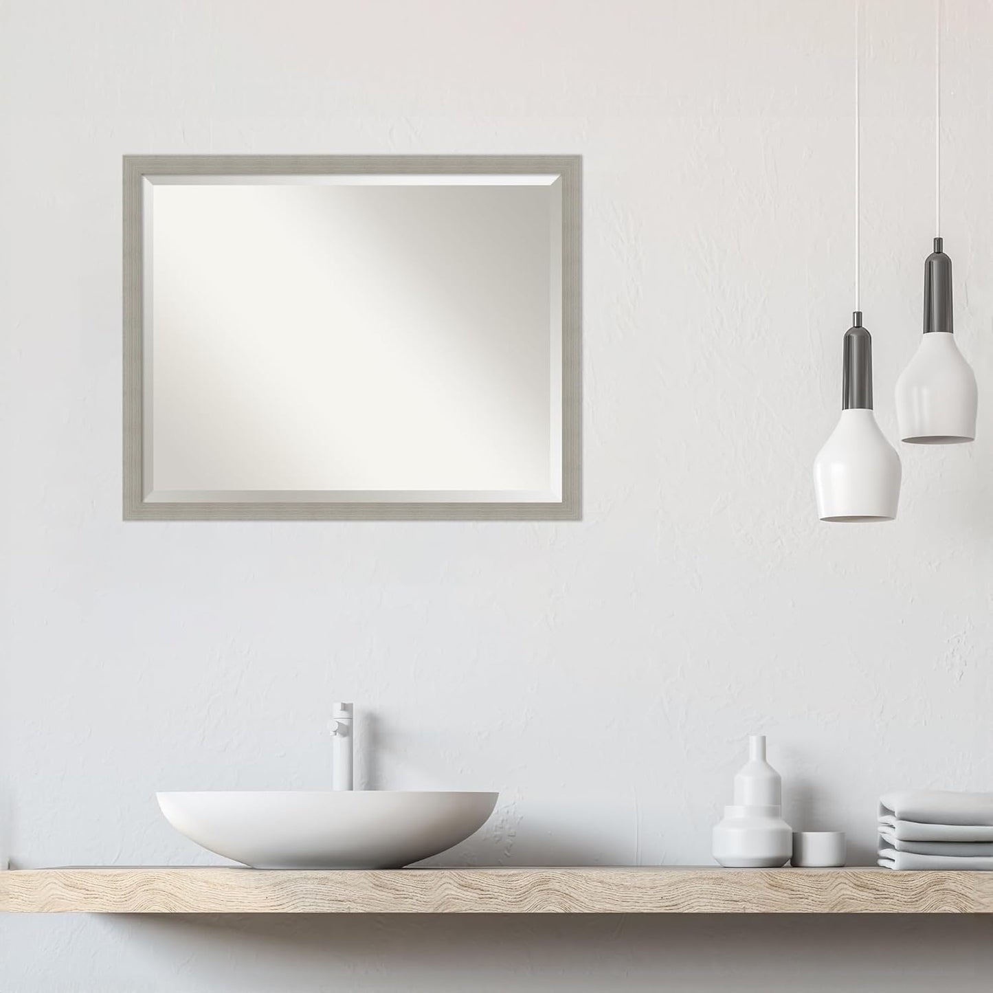 Amanti Art Grey Wall Mirror 24x30 Woodgrain Stripe Grey Rectangle Bathroom Mirror for Wall Decor Living Room, Large Casual Wood Frame, Hangs Horizonally and Vertically, Bathroom Decor, Beveled Edge