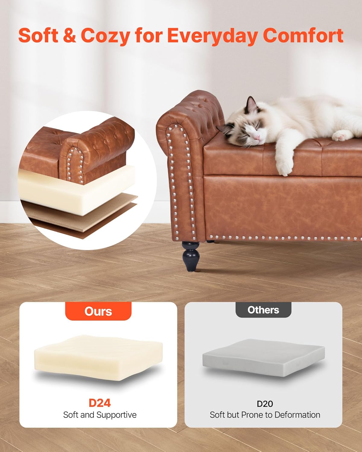 VEVOR Button-Tufted Storage Ottoman Bench, Rolled Arm PU Leather Bench with Solid Wood Legs, Modern Shoe Benches Seat for Entryway, Upholstered End of Bed Benches for Living Room, Dining Room, Brown