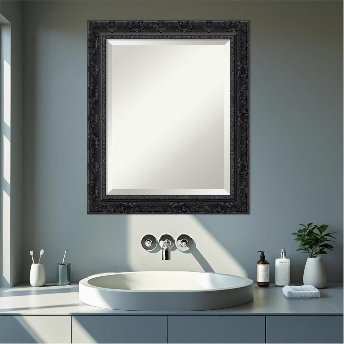 Amanti Art Bathroom Mirror for Over Sink, 25x21 Filigree Gloss Black Rectangle Vanity Mirror, Small Traditional Frame, Hangs Horizonally and Vertically, Bathroom Wall Decor, Beveled Edge