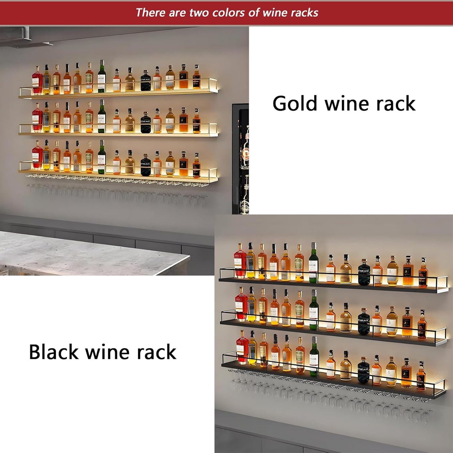 Wall-Mounted Metal Wine Rack with LED Lights 3-Tier Floating Bar Shelves with Wine Glass Rack Large Wine Bottle Display Rack Hanging Shelf, for Home Bar Dining Room Decorative (Black, 120cm/47.2in)