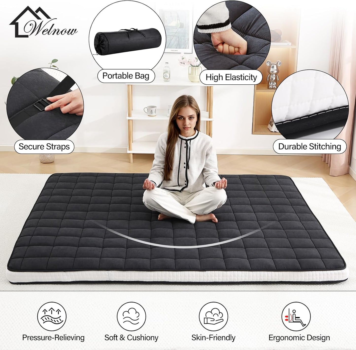 Welnow Japanese Futon Floor Mattress, Twin Size Thick Tatami Mat Portable & Foldable Roll Up Floor Bed Mattress with Storage Bag, Sleeping Pad for Adults, Dorm, Guest Bed, Camping and Travel, Black