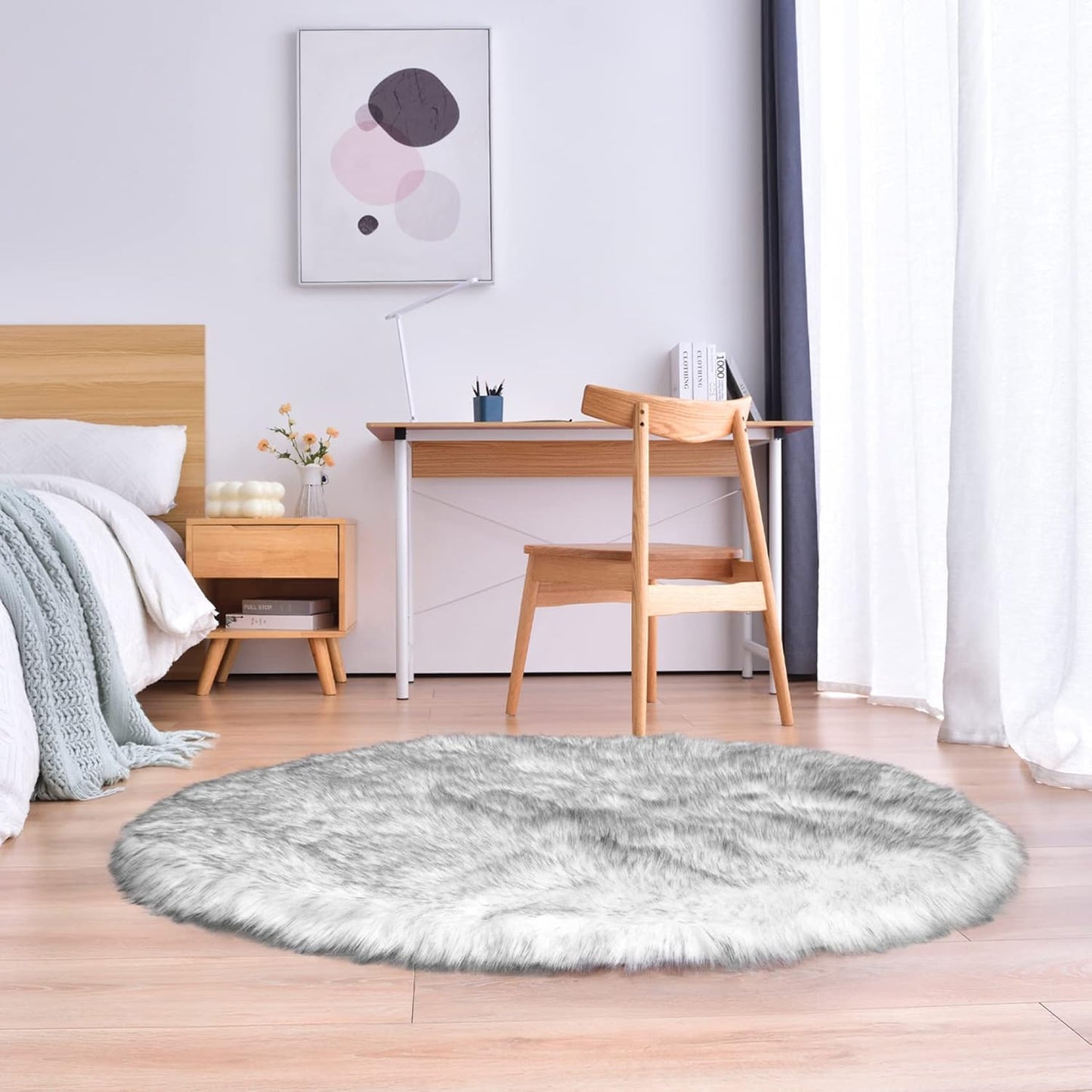 duduta White Black Faux Sheepskin Round Rug 4x4 ft, Fluffy Shag Fur Bedroom Nursery Kids Playroom Rug Dorm Decor Non Slip Washable