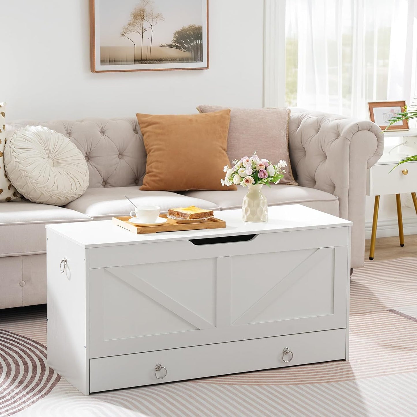 HOOBRO Storage Chest, 39.3" Toy Chest with Drawer, Wooden Storage Bench, Sturdy Entryway Bench Supports 220 lb, Shoe Bench, Safety Hinge, U-Shaped Opening, Easy Assembly, White WT710CW01G1