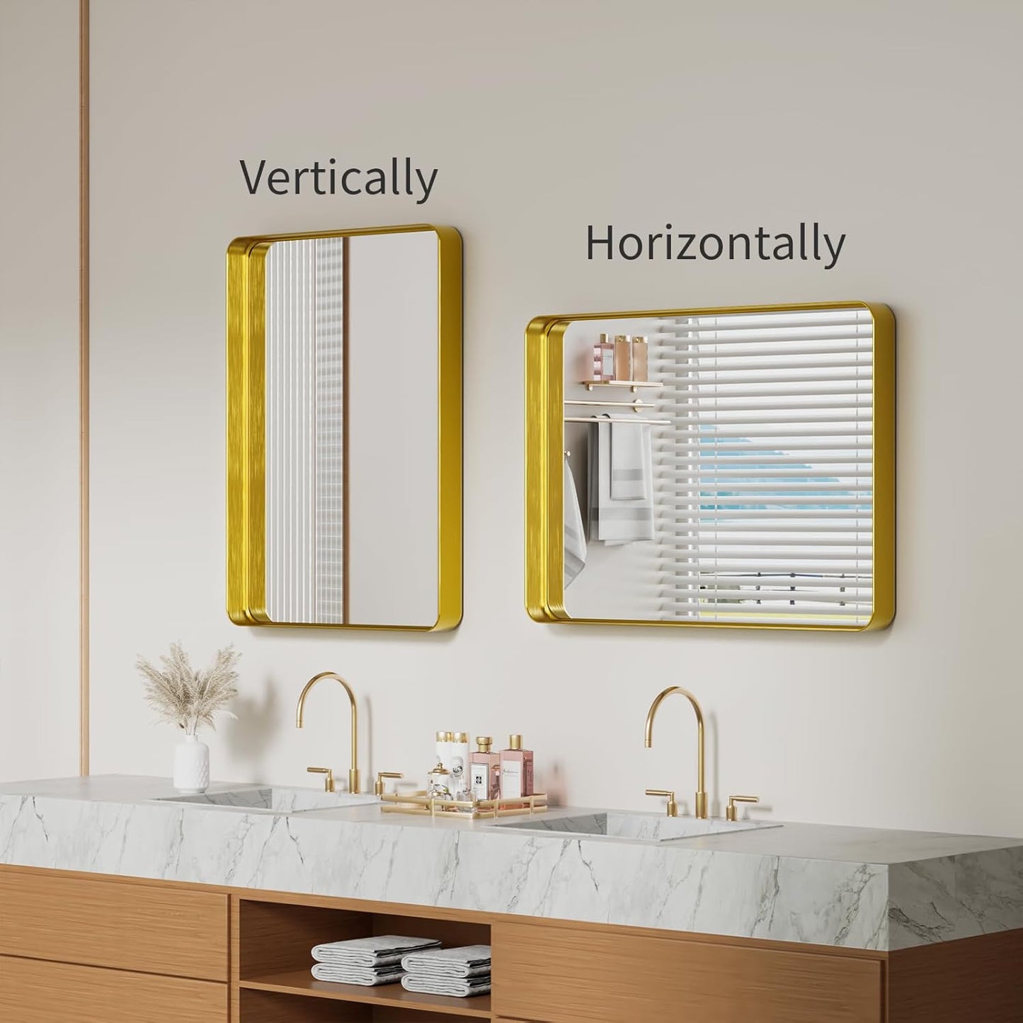 Koonmi Gold Bathroom Mirror for Wall, 22x30 Inch Matte Metal Deep Framed Rounded Corner Wall Mirror, Shatterproof Tempered Glass for Farmhouse Bedroom Entryway, Vertically or Horizontally