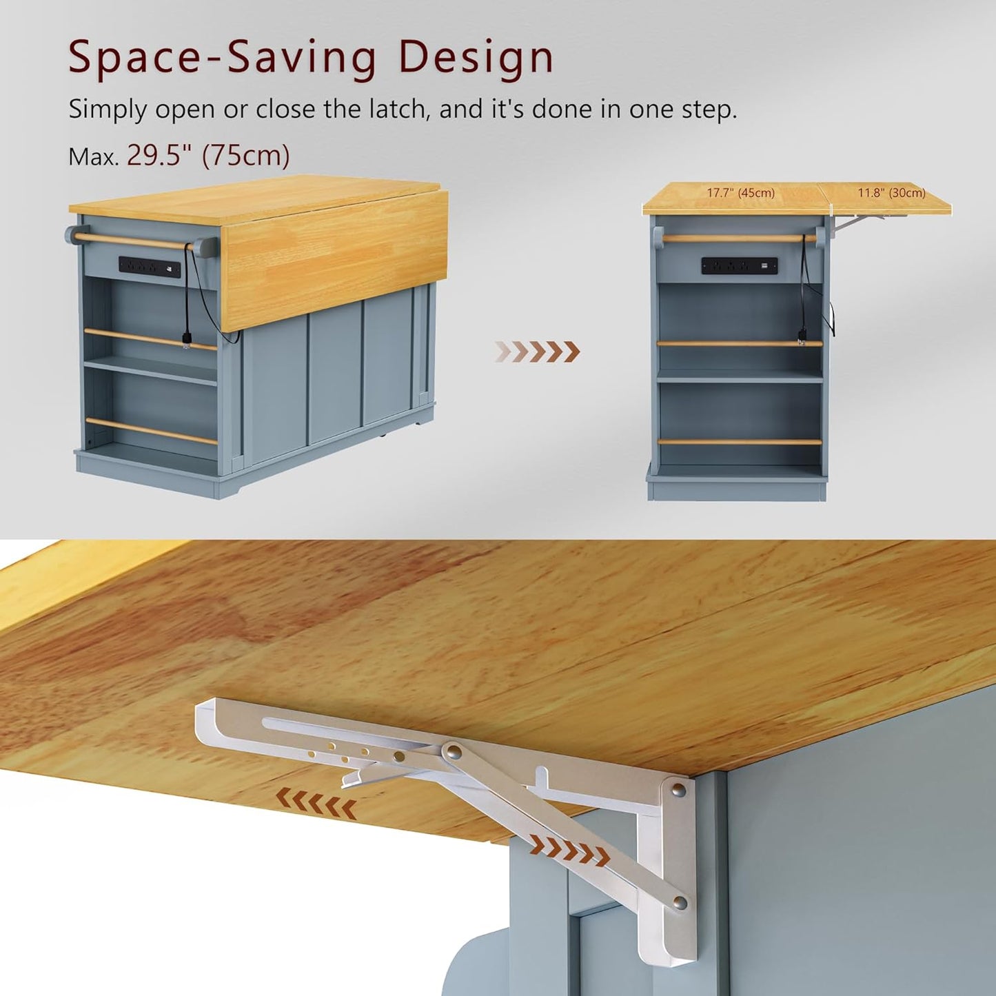 YOTPO 53" Large Kitchen Island with Drop Leaf,Power Outlet & Door Internal Storage Rack,Rolling Kitchen Cart on 5 Wheels W/ 5 Open Side Racks for Kitchen,Dining Room,Grey Blue(Not Include bar stools)
