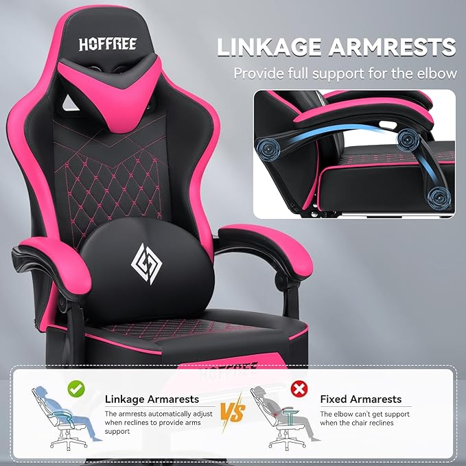 HOFFREE Gaming Chair with Speakers Massage Computer Gaming Chair with Pocket Spring Cushion for Adults Reclining Gamer Chair with Bluetooth Video Game Chairs with Footrest Pink and Black