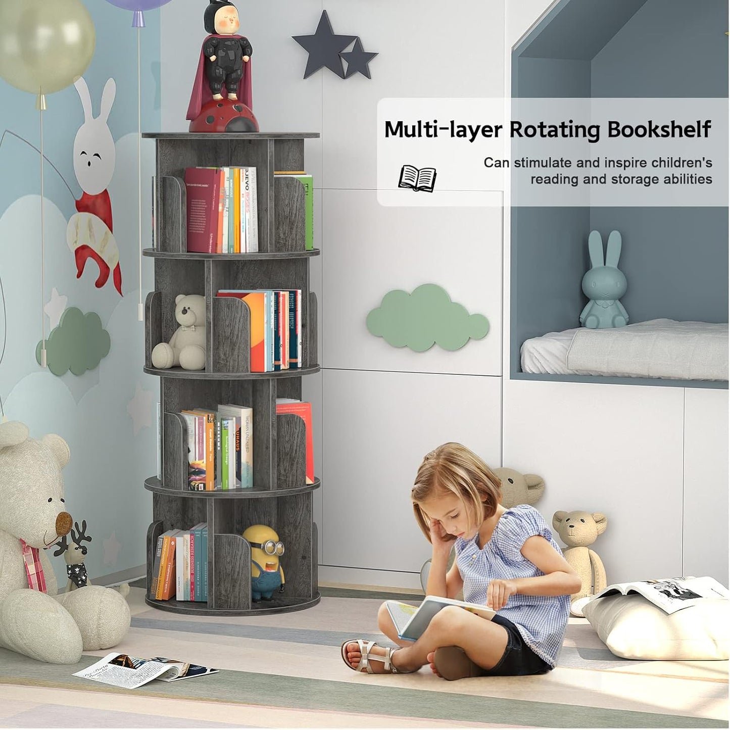 Aheaplus Rotating Bookshelf, 360 Display Corner Bookshelf for Small Space, 4 Tier Floor Standing Bookcase Storage Rack, Wood Narrow Book Shelf Organizer for Bedroom, Living Room, Study Room, Grey Oak