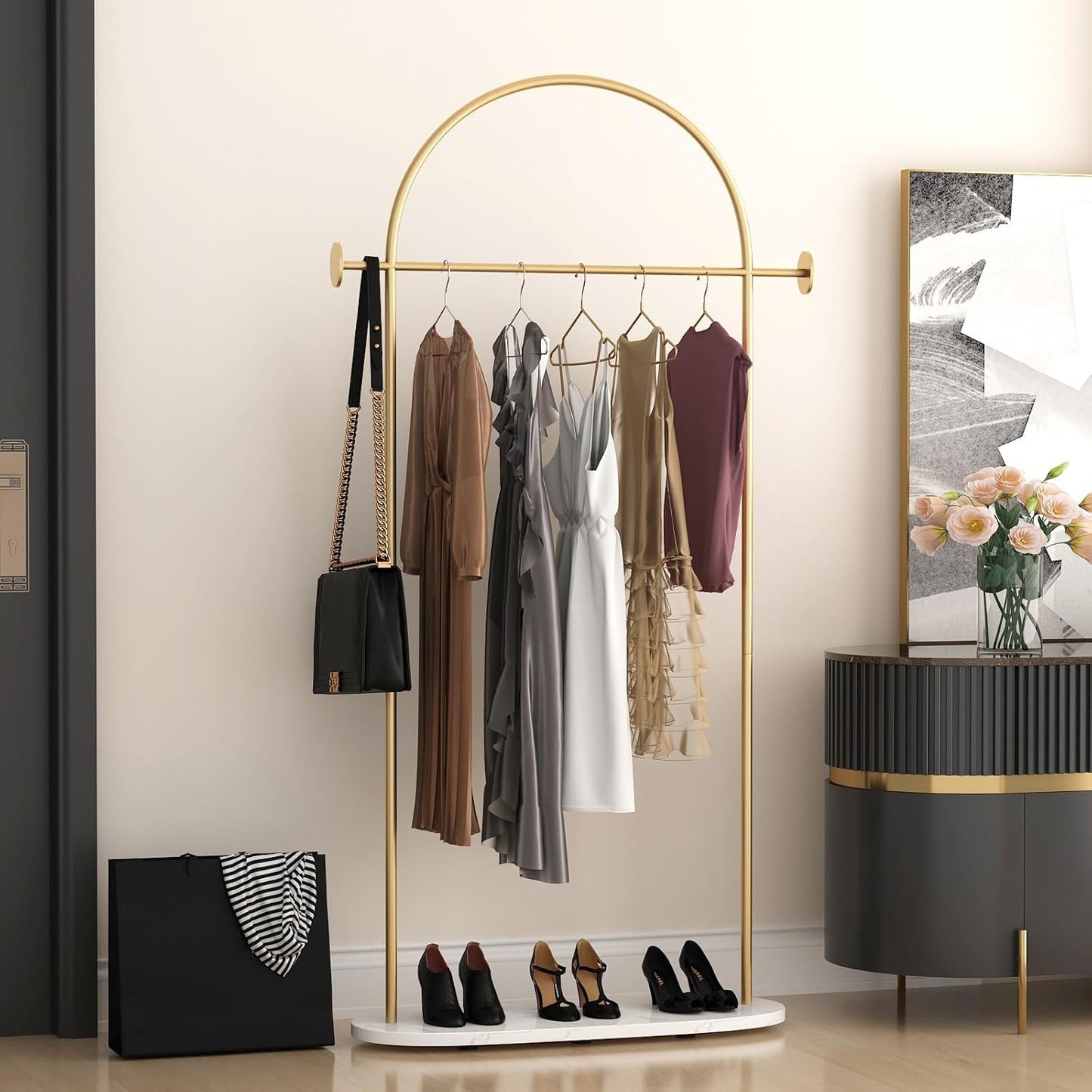 Gold Clothing Rack, Modern Clothes Rack with Shelf, Heavy Duty Freestanding Coat Rack, Metal Coat Hanger Stand with Hooks for Boutique Office