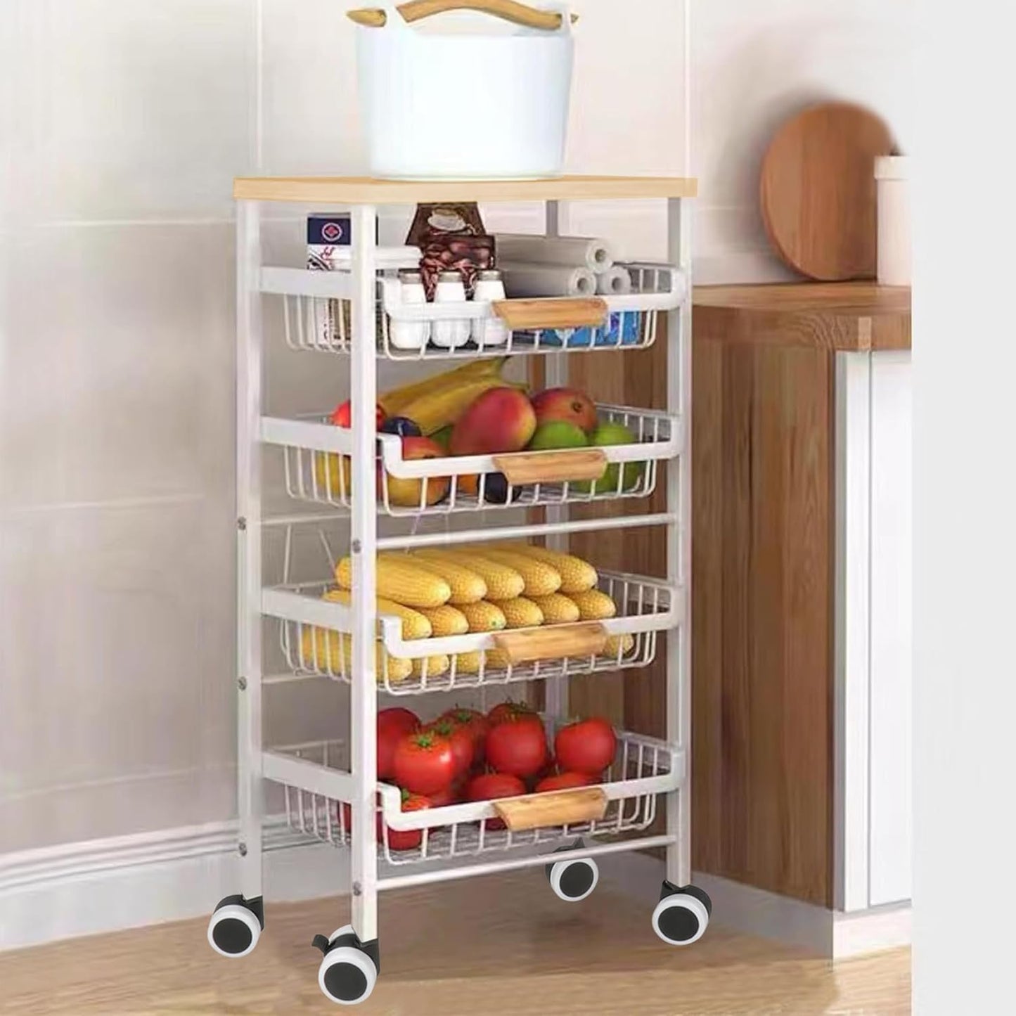 5-Tier Pull-Out Kitchen Storage Cart on Wheels, Fruit Basket, Bedroom Kitchen Organizer, White, 17x11.9x33.66 inches