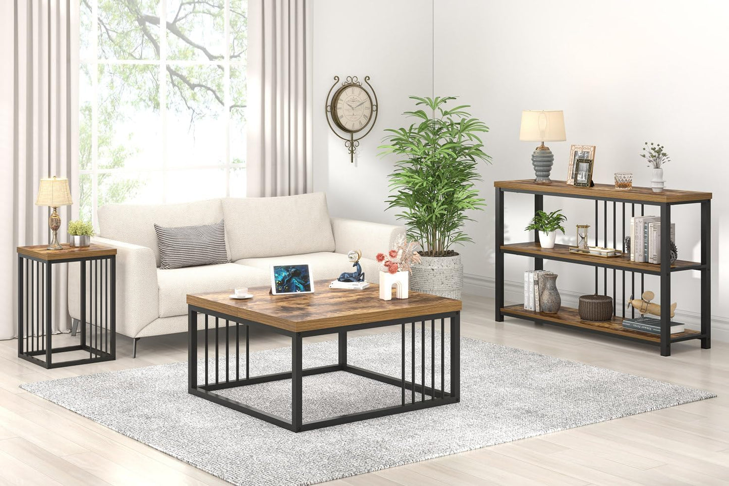 FOLUBAN Modern Coffee Table, Square Center Table for Living Room, Industrial Rustic Wood and Metal Cocktail Tea Table, 31.5 Inch, Brown