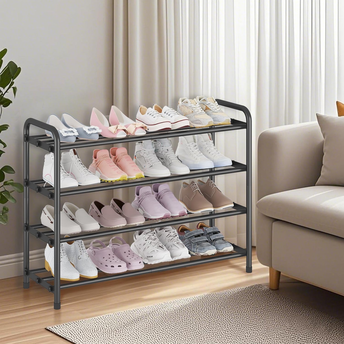 KANAV 4-Tier Expandable Shoe Rack – Adjustable Shoe Organizer & Shoe Storage for Closet, Entryway, and Front Door – Space-Saving Shoe Shelf and Rack Organizer for Home - Black