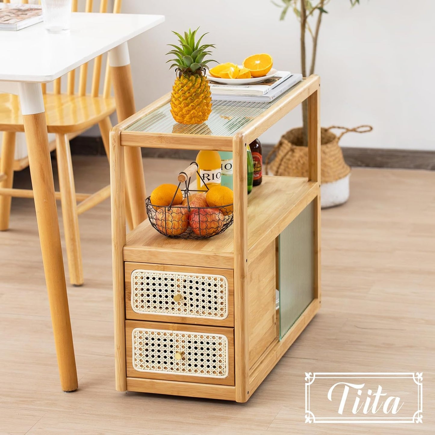 Tiita Rattan Nightstand Side Table, Bamboo Accent Bedside Tables, Glass Coffee Tables, Boho Wooden End Table with Storage for Small Space, Living Room and Bedroom