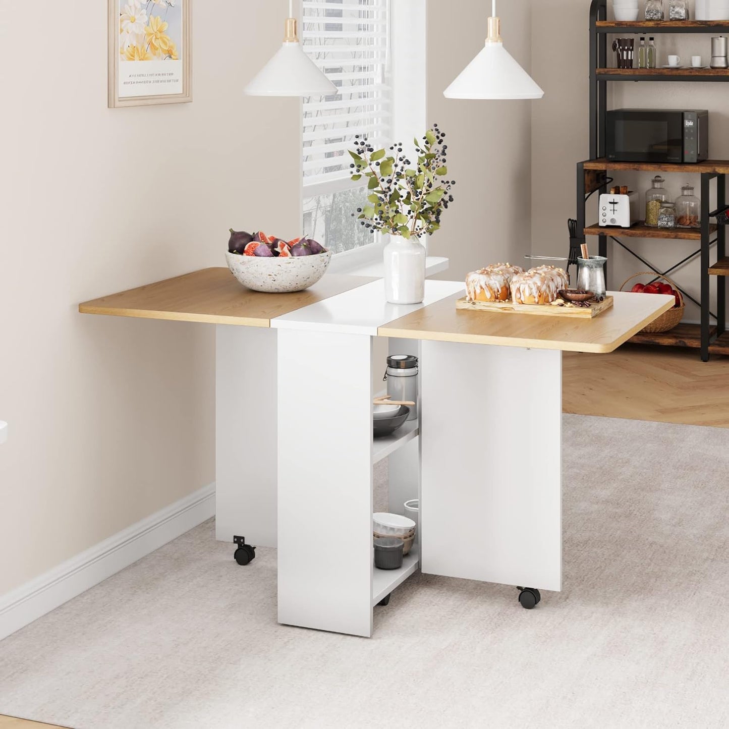 GarveeHome Folding Dining Table, Space Saving Farmhouse Dining Table for 4 Storage Shelf, 6 Wheels Multipose Expandable Kitchen Drop Leaf Table for Small Space (Pear Wood, 47.2"D x 23.6"W x 29.5"H)
