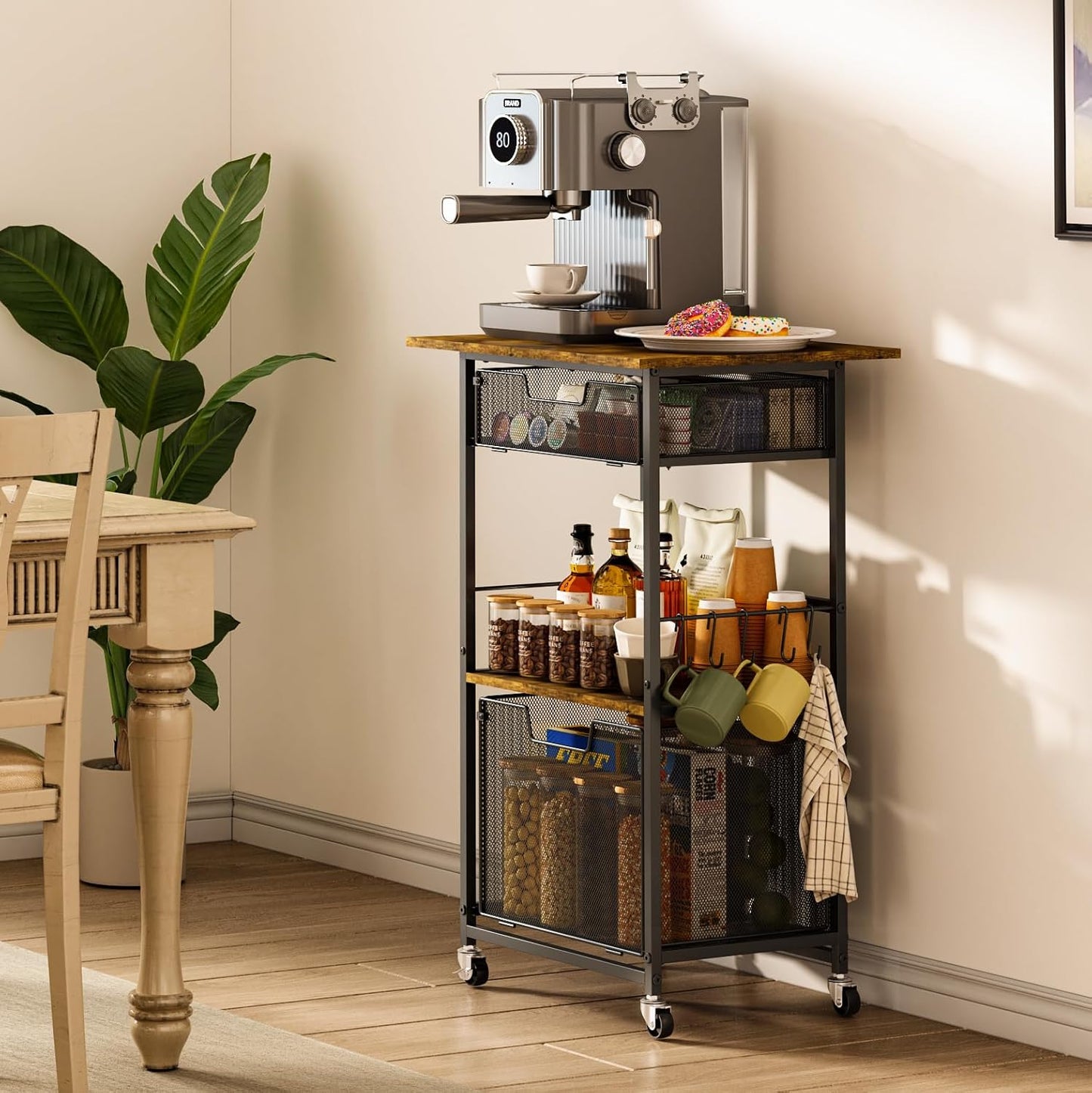 Microwave Stand with Drawers & Hooks,3-Tier Rolling Kitchen Cart for Small Spaces, Multifunctional Storage Organizer with Lockable Wheels Rustproof(Black +Vintage, 20.8 * 15.7 * 32.6inch)