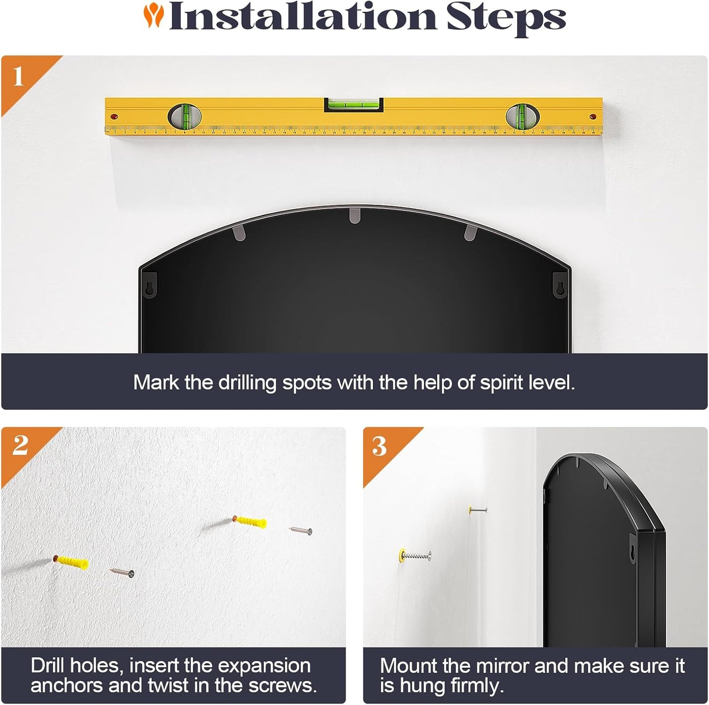 Wide Window Pane Mirror, 44" x 28" Black Arched Mirror for Wall, Grid Large Decorative Wall Mirrors for Living Room Bedroom Farmhouse Fireplace Hallway Entryway