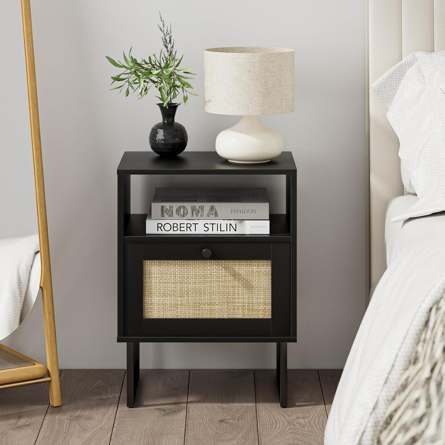Masupu Rattan Nightstand,Modern Boho Farmhouse Wood Bedside Table with Storage Drawer and Open Shelf,Small Black Frame Side End Table for Bedroom,Living Room,Office (Black)