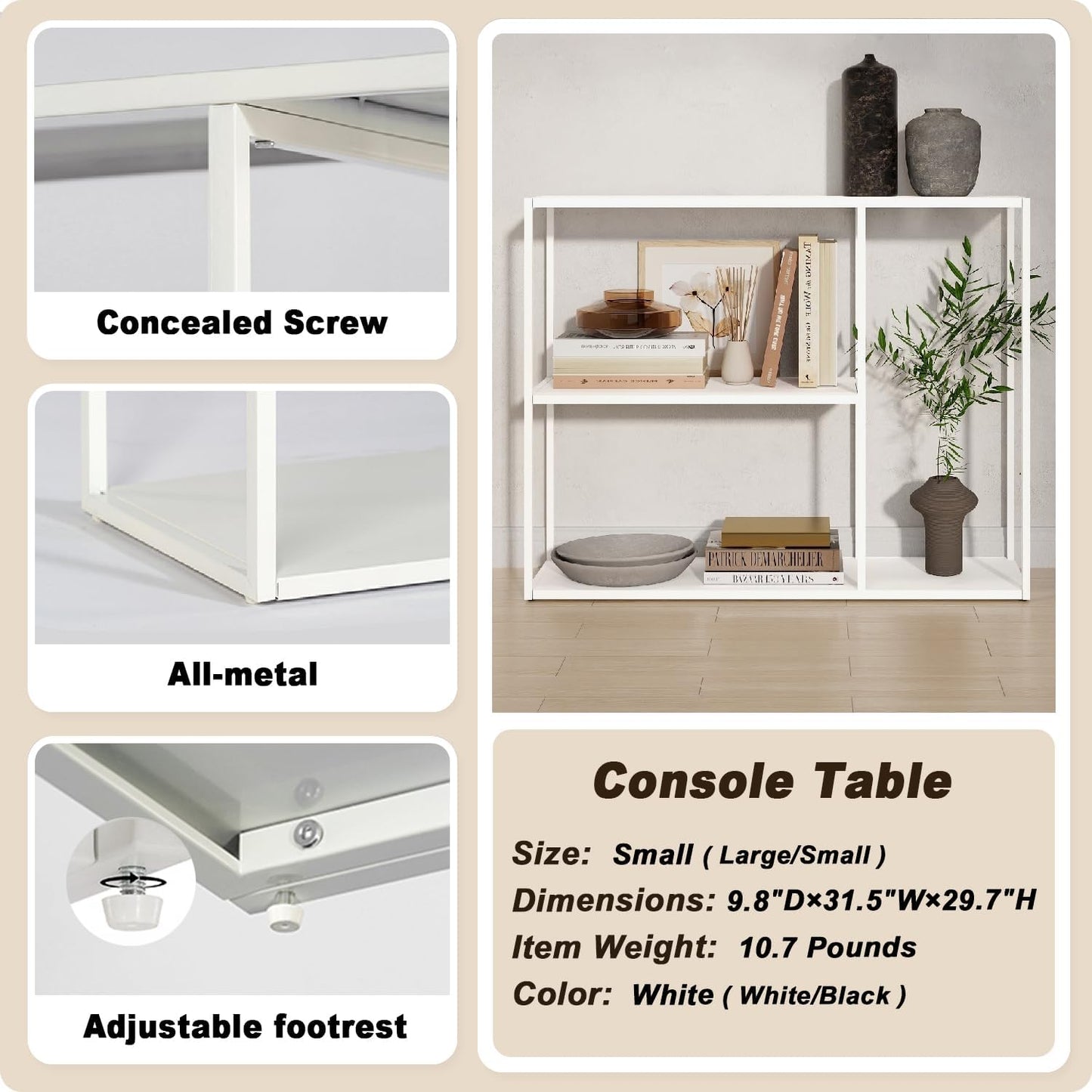 HDANI Console Table, Narrow Entryway Table, 3 Tier Metal Hallway Table, 11.8''Dx39.4''Wx31.5''H(White)