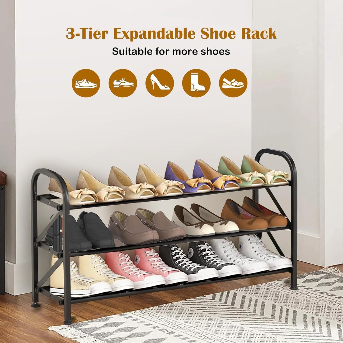 3-Tier Expandable Shoe Rack for Closet,Adjustable Shoe Rack,Black Metal Free Standing Shoe Rack for Entryway Closet Doorway