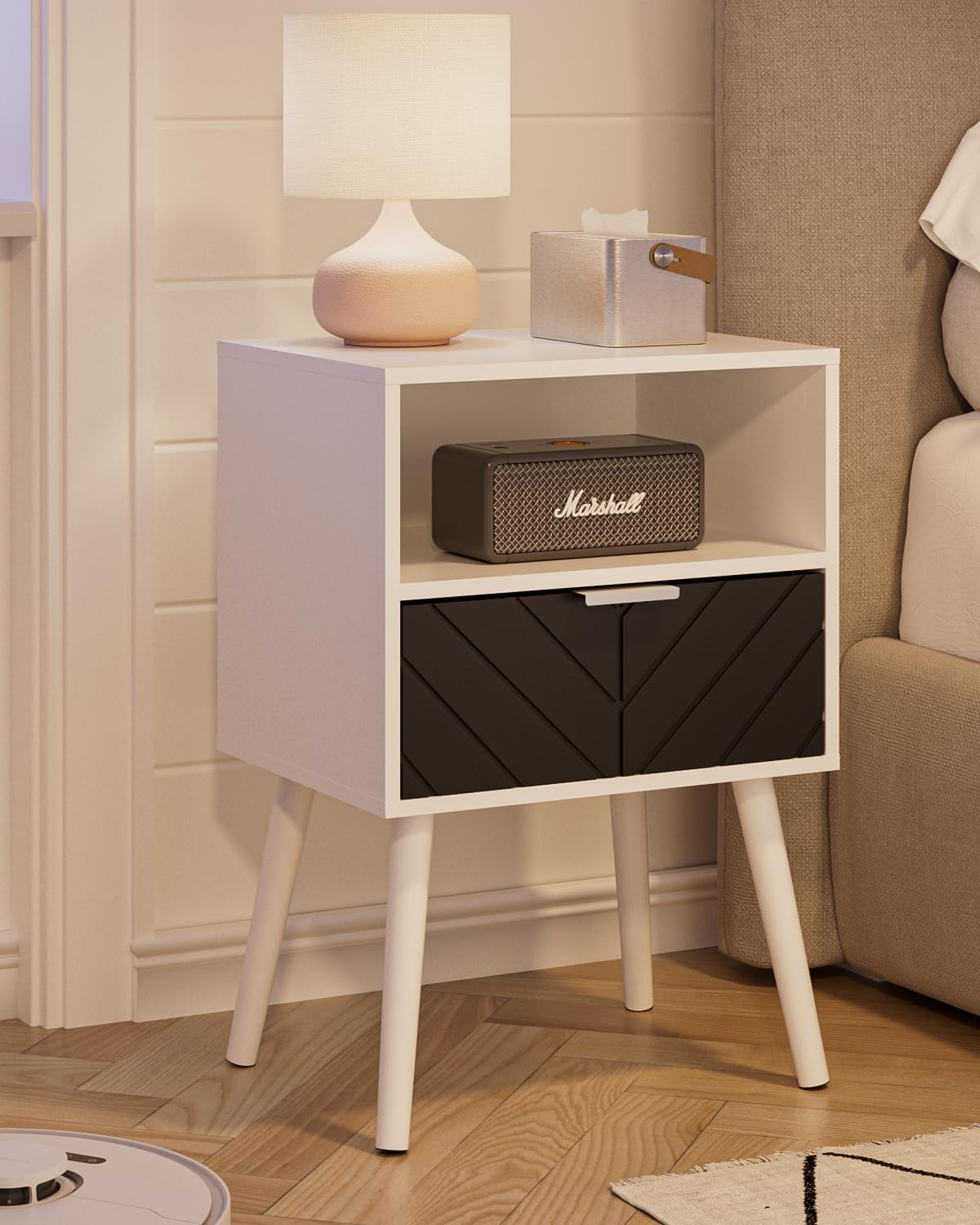 Nightstand,Bedside Table with Gold Frame, White Night Stand, Modern Bedside Furniture,End Table with Drawer and Shelf for Bedroom,Living Room