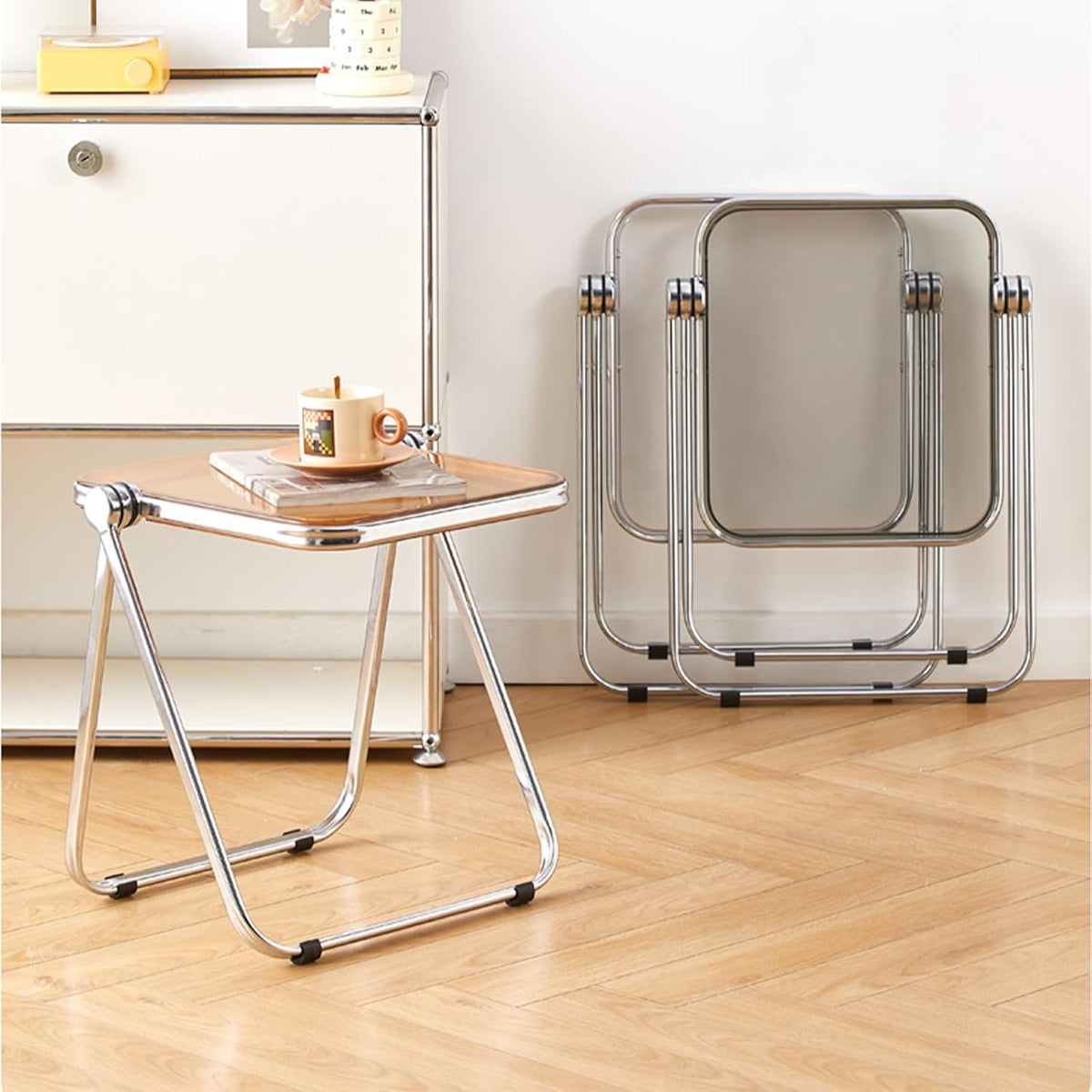 16.2" × 14.1" Acrylic Folding Table, Small Lightweight End Table for Living Room, Bedroom and Small Room, Sturdy Metal Frame with No Assembly Required, Space-Saving Storage Design (Grey)