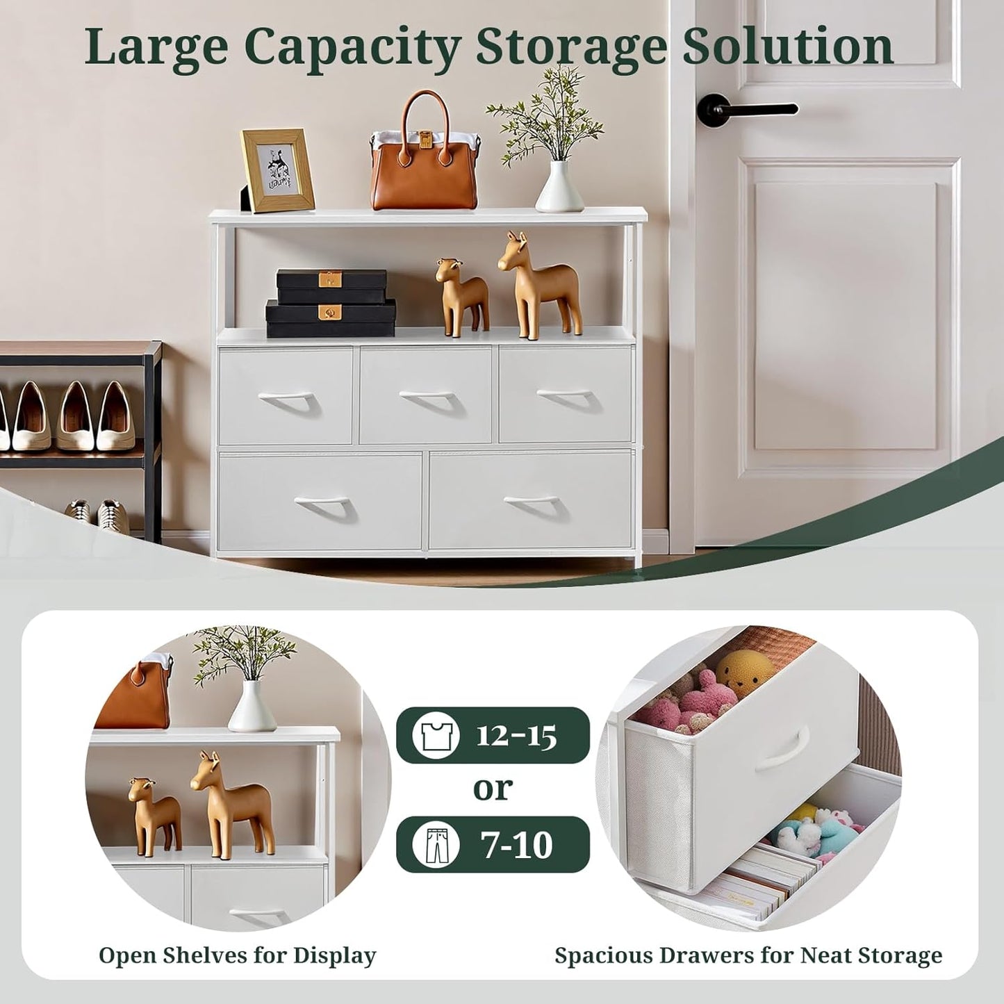 TV Stand, 5 Fabric Drawers Dresser Entertainment Center for TV up to 45 inch Wooden Media Console Table Storage Organizer with Open Shelf, for Living Room, Bedroom, or Small Space, White