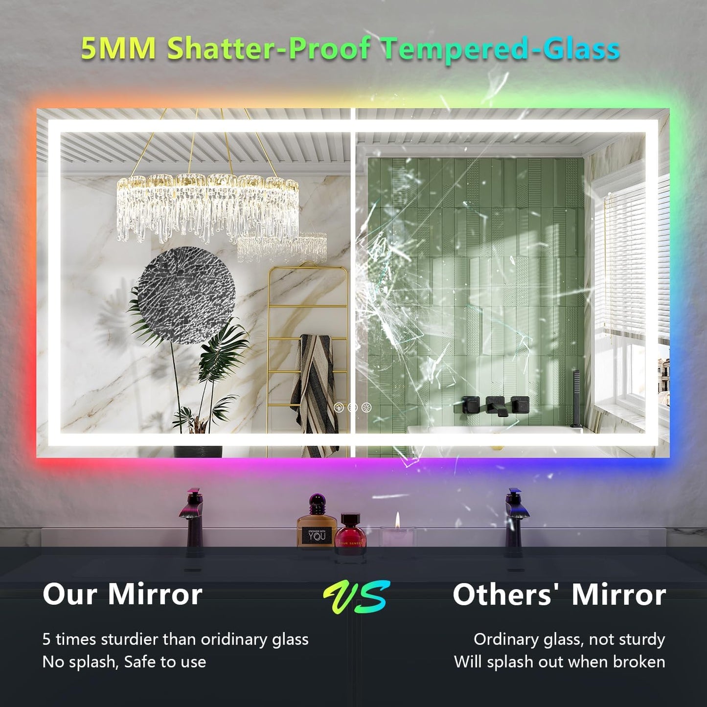 66x36 Inch RGB LED Bathroom Mirror Front Light and RGB Backlit Lighted Vanity Mirror for Bathroom Wall Mounted Dimmable Anti Fog Memory Shatter-Proof IP54 Waterproof Horizontal/Vertical