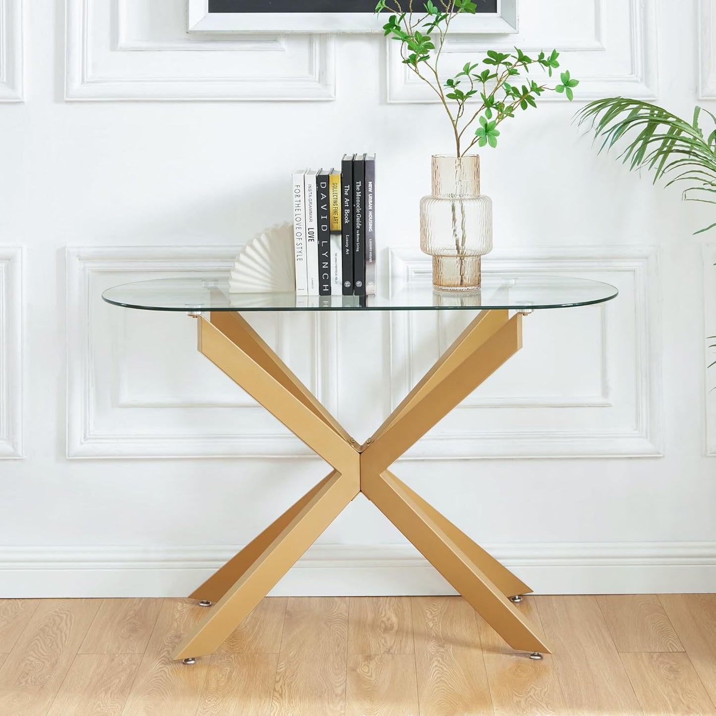 Gold Glass Oval Console Table, Modern Style Entryway Hallway Narrow Sofa Table, Entrance for Entryway, Living Room, Foyer, Hallway, Office, 45" Lx18 Wx30 H Gold