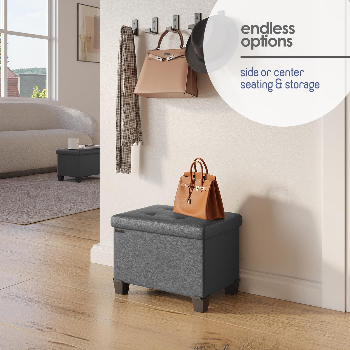 STORAGEBUD Storage Ottoman Cube with Small Bin, 16-in Square Ottoman with Storage for Living Room and Bedroom, Small Ottomans Foot Rest, Faux Leather Foot Stools Ottomans Max 330lbs, Grey