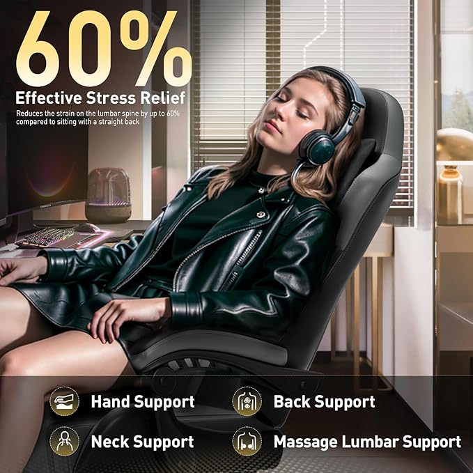 HLDIRECT Gaming Chair, Ergonomic Video Game Seat with 360° Swivel & Lumbar Massage, Computer Chair PU Leather Cushion for Adults Home/Office Use (Black & Grey)