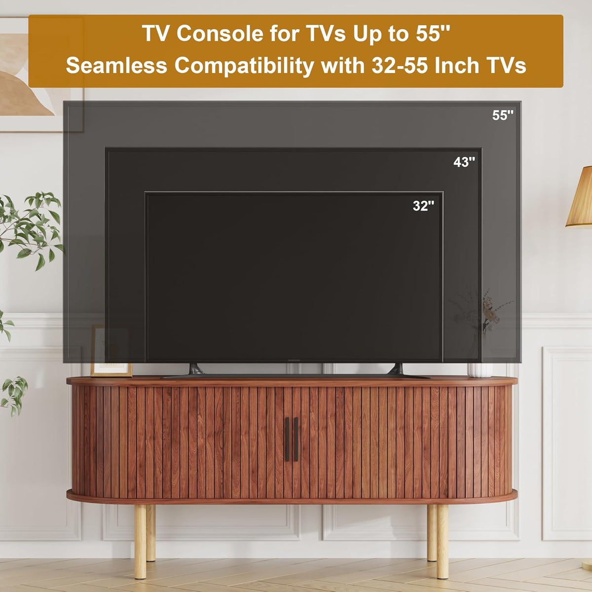 47.2" TV Stand, Modern TV Console Table with Storage Compartment and Sliding Door, Gaming Entertainment Center with Cabinet for Living Room, Bedroom, Office, Walnut