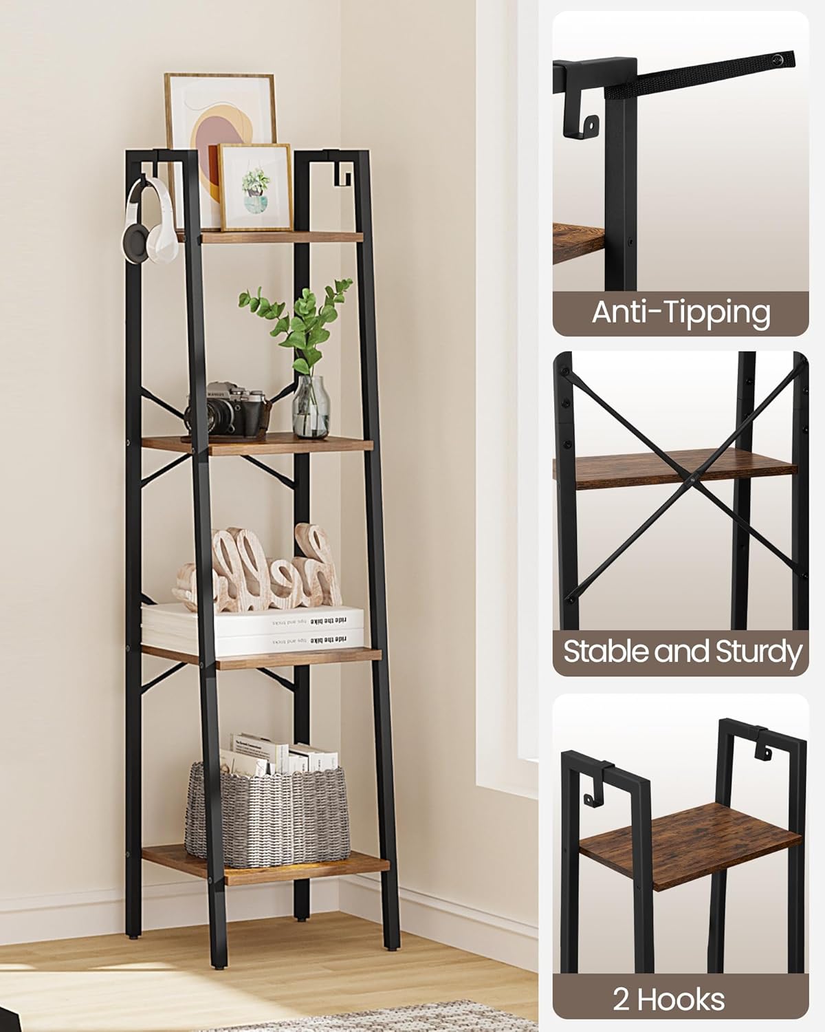 Ladder Shelf, Bookshelf Bookcase, Freestanding Corner Storage Shelve with 2 Hooks for Home Office, Living Room, Kitchen, Bedroom, Industrial, 4-Tier Rustic Brown BC13201B