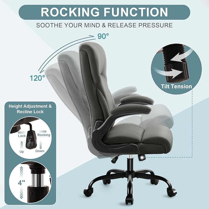 Executive Office Chair, High Back Ergonomic Comfy Desk Chair with Padded Flip-up Armrests and Wheels, PU Leather Heavy Duty Computer Swivel Rolling Task Chair for Home Office, Adults, Gray