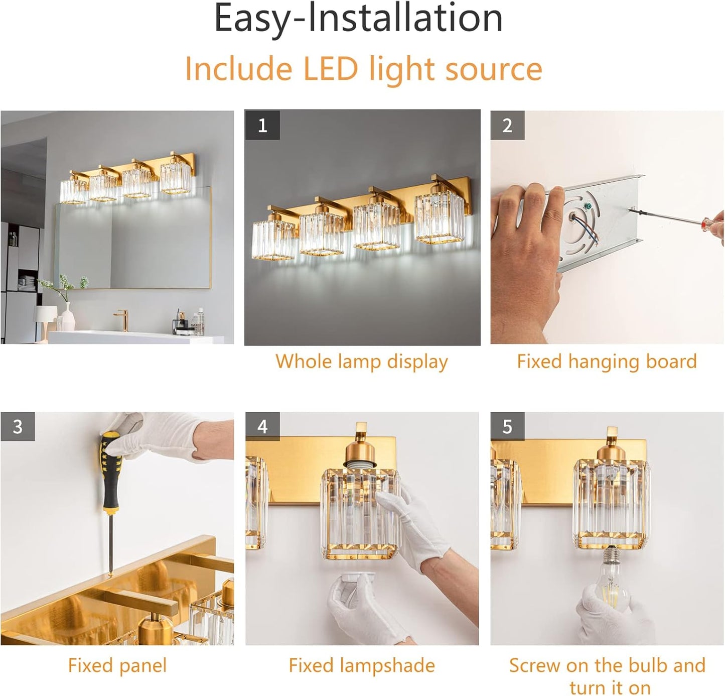 Modern Vanity Light 4-Lights Modern Gold Brushed Brass Finish Crystal Wall Light Bathroom Vanity Light Fixtures