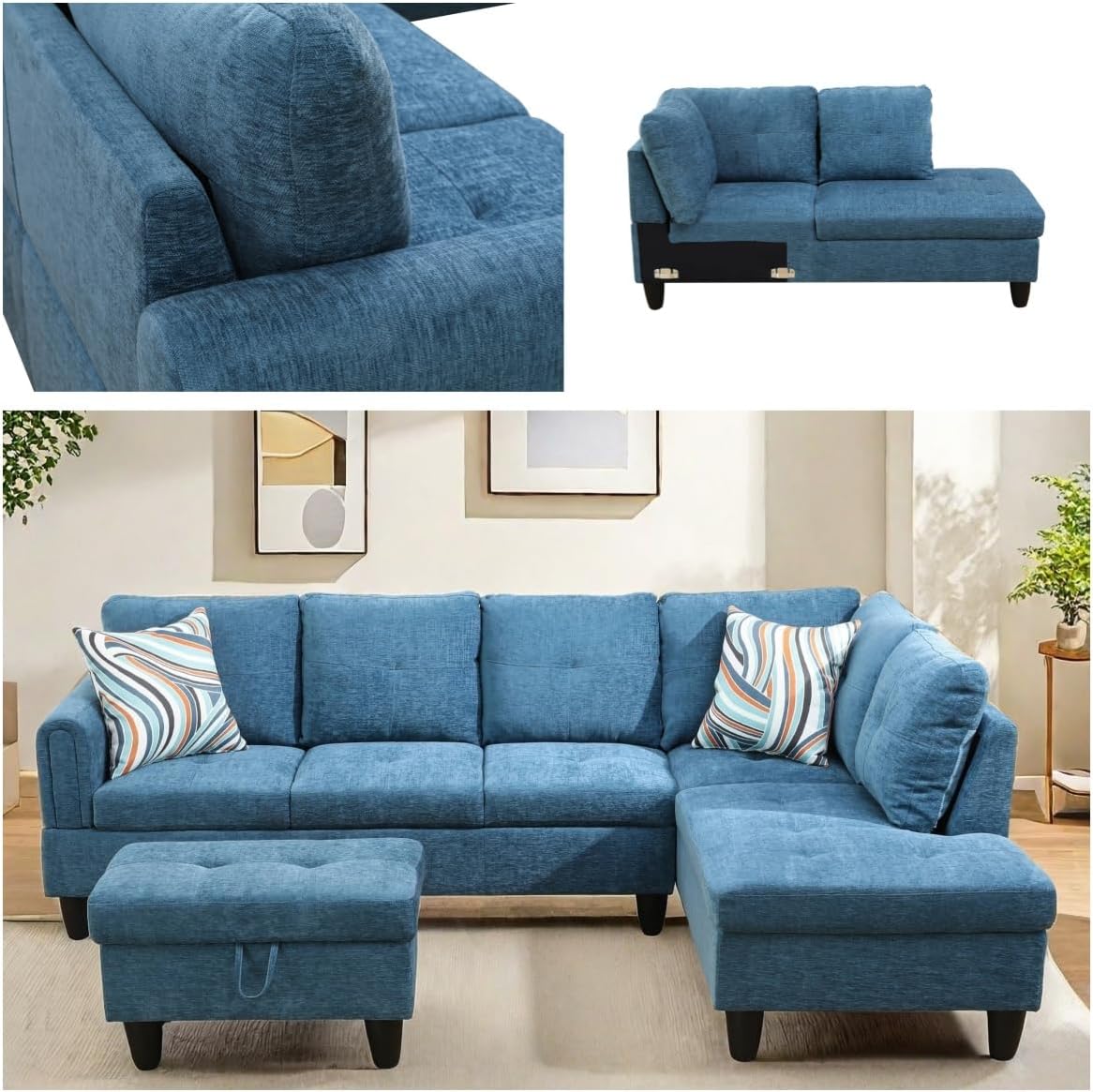 NAYSAYE Sectional Couch with Ottoman Storage, L Shaped Couch Sofa Furniture Sets, Modern Comfy Modular Comfy Sofa for Living Room Bedroom, Office and Apartment, Blue