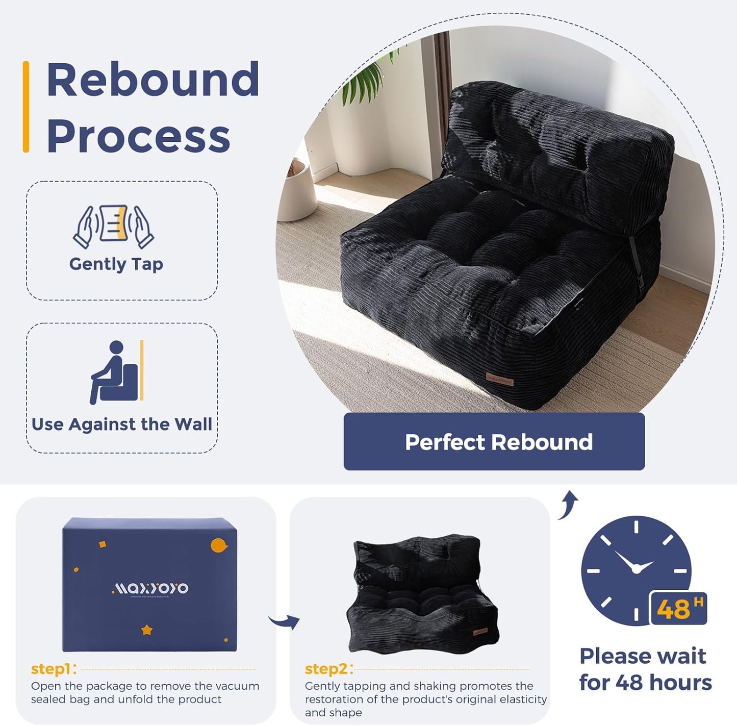 MAXYOYO Floor Sofa Bean Bag Sofa Couch, Comfy Floor Couch with Back Support, Portable Bean Bag with Filling, Corded Chair Seating for Living Room Bedroom Apartment, Black