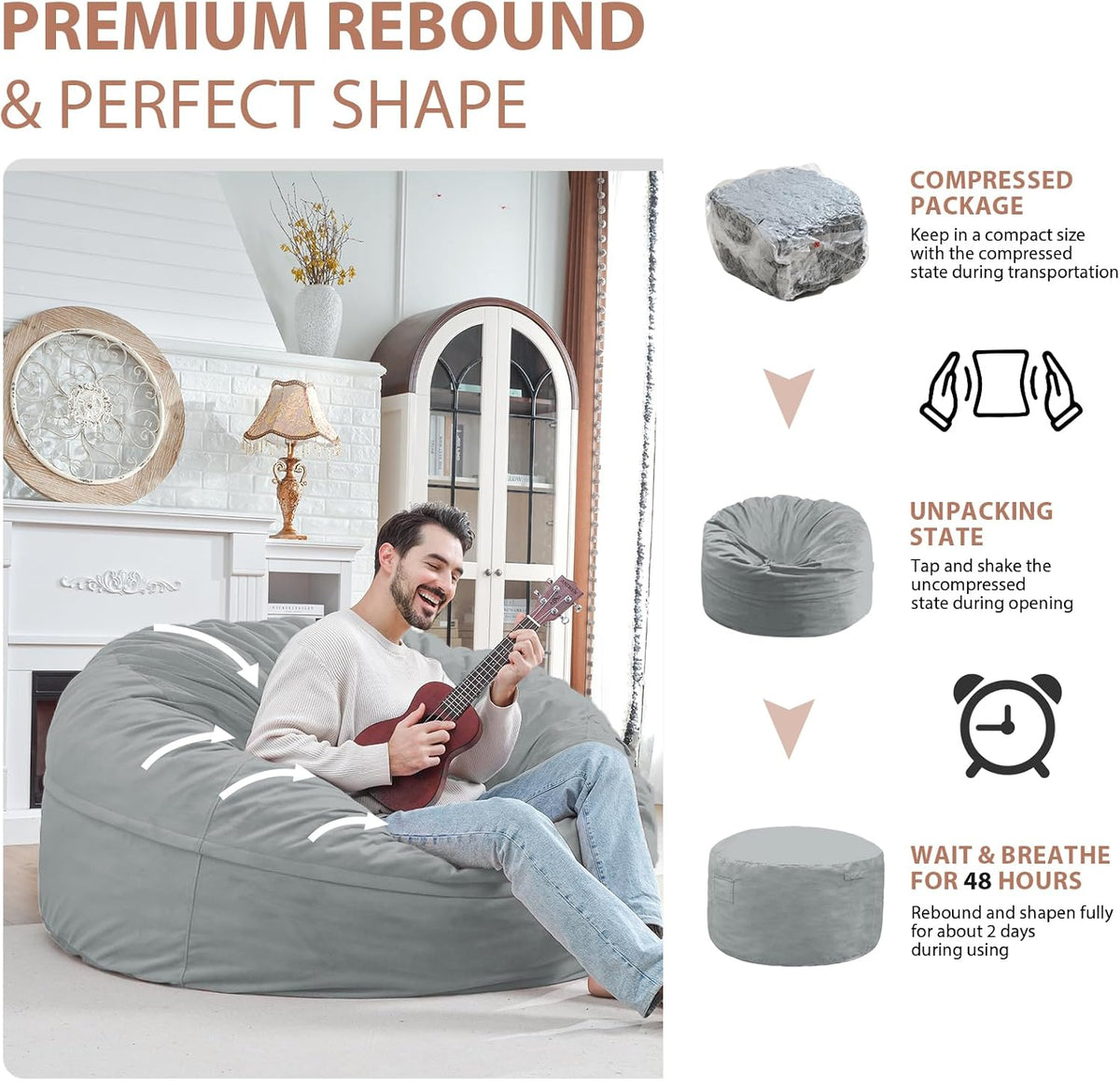 5FT Bean Bag Chair, Large Bean Bag Chairs with Memory Foam Filled, Fluffy Beanbag Sofa with Dutch Velvet Cover, Round BeanBag Chairs for Living Room, Playroom - Light Grey