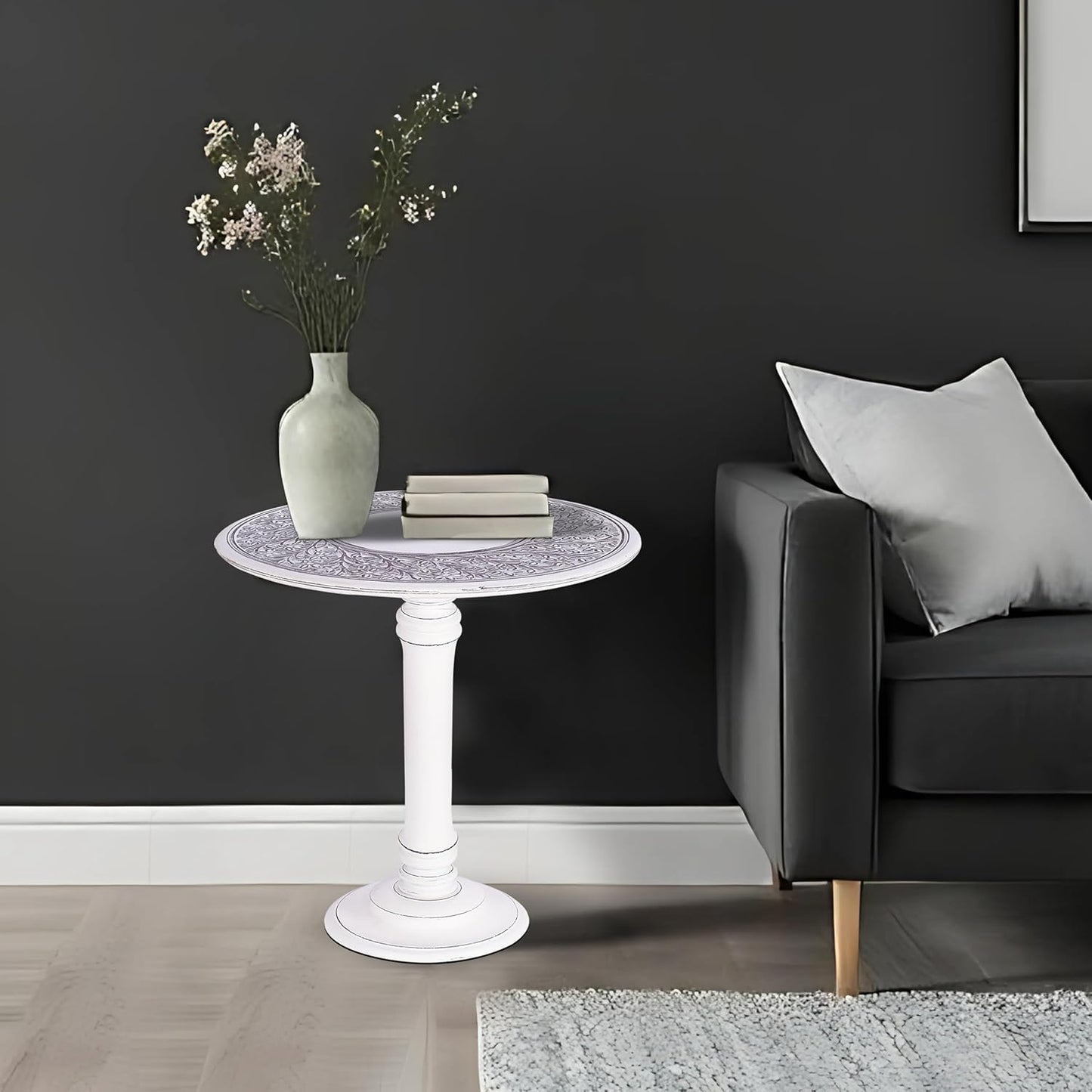 The Wooden Town Antique White Round Coffee Table – 18x22 Wood Accent Side Table for Living Room, End Table for Books & Plants, Small Altar Table