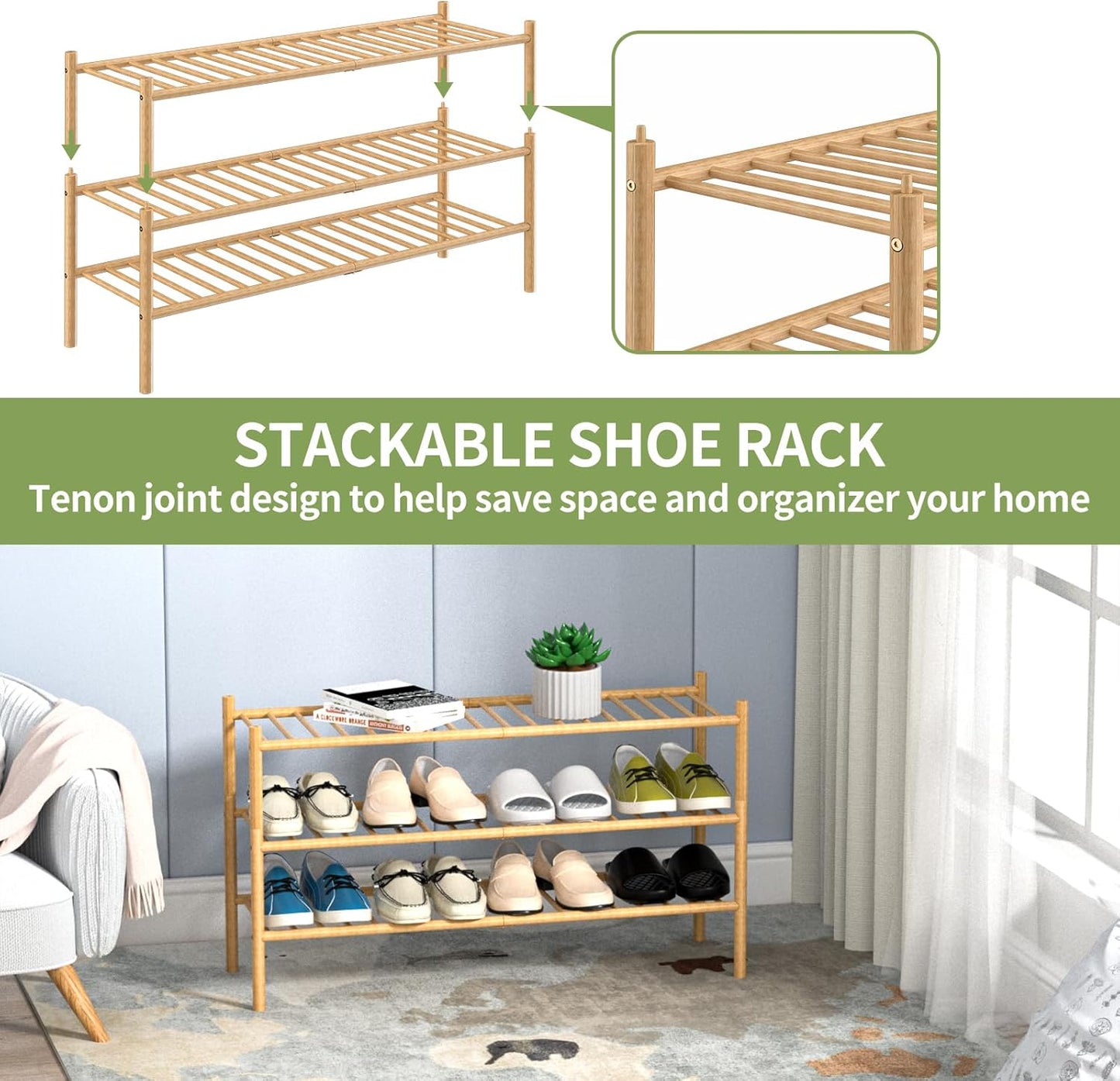 3-Tier Bamboo Long Shoe Rack, Free Standing Wood Shoe Shelf Storage Organizer for Closet Entryway Stackable 35"x11"x20" (Natural)