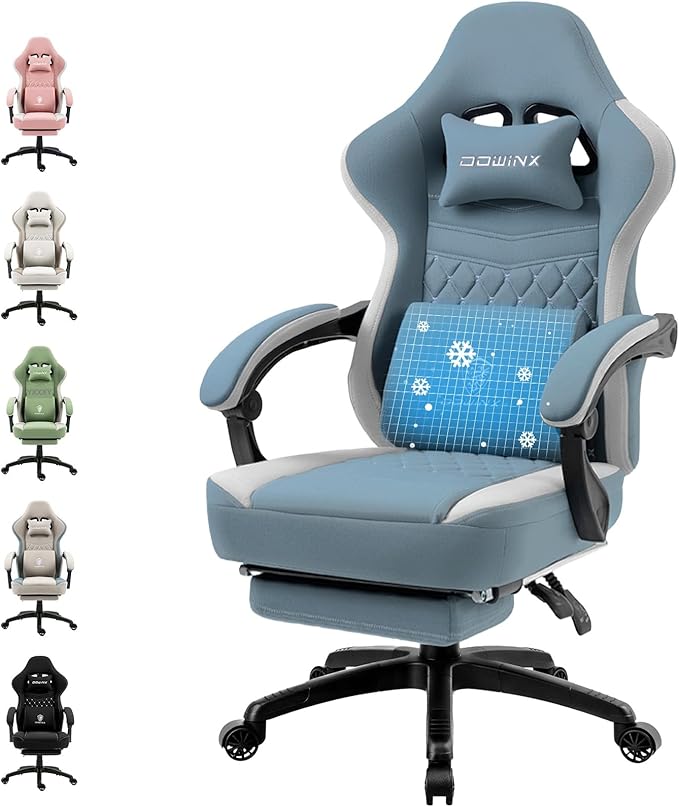 Dowinx Gaming Chair Breathable Fabric Game Chair with Gel Pad and Storage Bag, Comfortable Gamer Chair with Pocket Spring Cushion,Ergonomic Computer Chair with Footrest,Blue