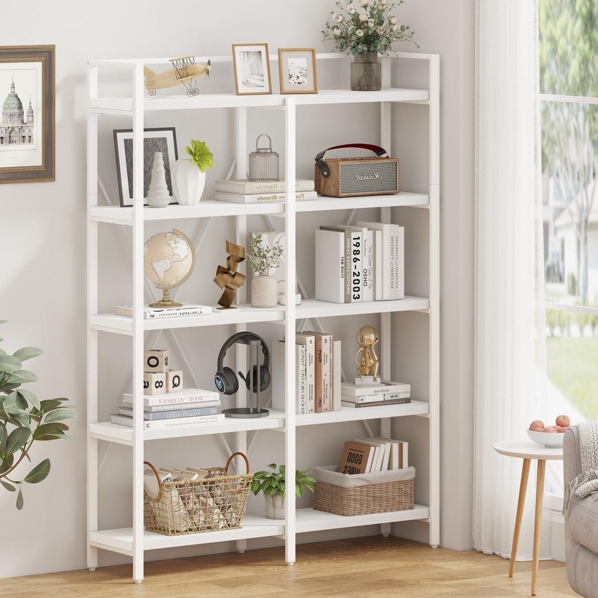 FATORRI Bookshelves and Bookcases, 5 Tier Tall Wood Metal Bookshelf, 51in Wide Bookcase Modern Shelving Unite for Home Office, Living Room, Bedroom (White Oak)