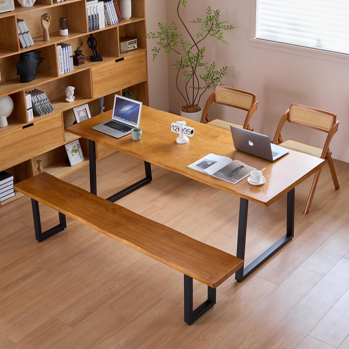 Solid Wood Top Bench with Metal Legs Durable Long Bench for Home Office Living Room Dining Room Versatile Multi Size Options Perfect Chair Stool Dining Bench Dining Chair (Light brown bench, 55.12in)