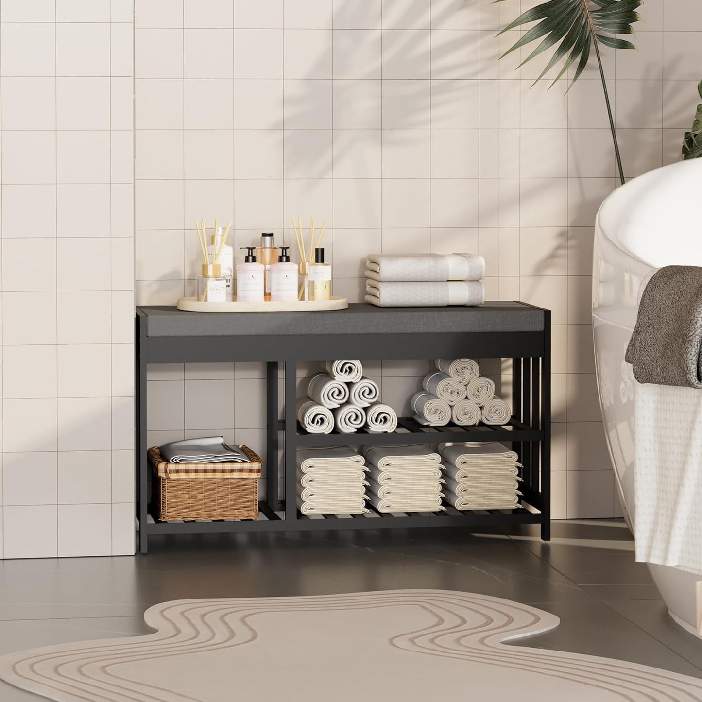 Shoe Rack Bench with Cushion,2 Tiers Shoe Bench with Flip-Top Storage,Wood Shoe Rack for Entryway, Hallway, Bedroom, Front Door Entrance (Black)