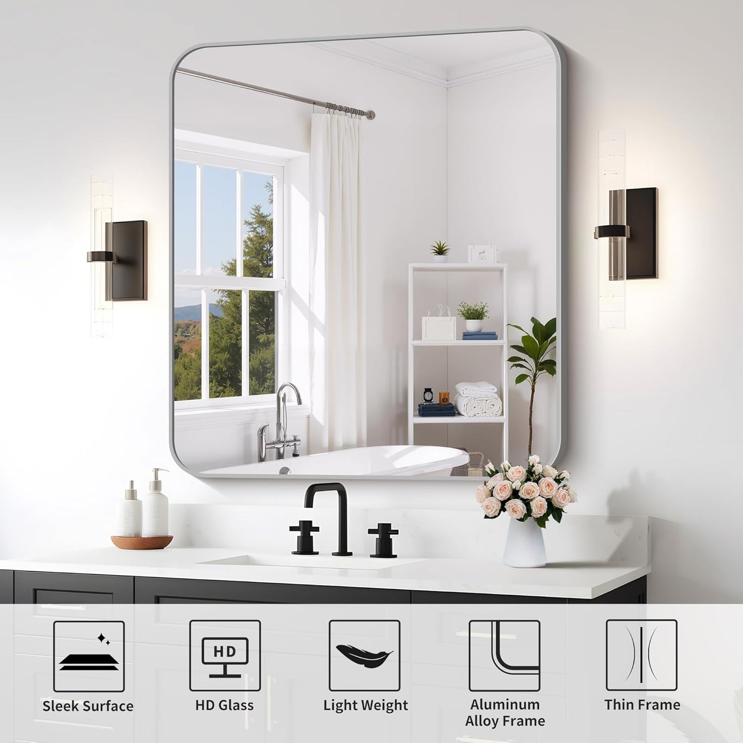 FORBATH 40x36 Inch Silver Bathroom Mirror for Over Sink, Large Rectangular Wall Mirror with Metal Frame, Rounded Corners for Bathroom, Bedroom, Entryway Decor (Horizontal or Vertical)