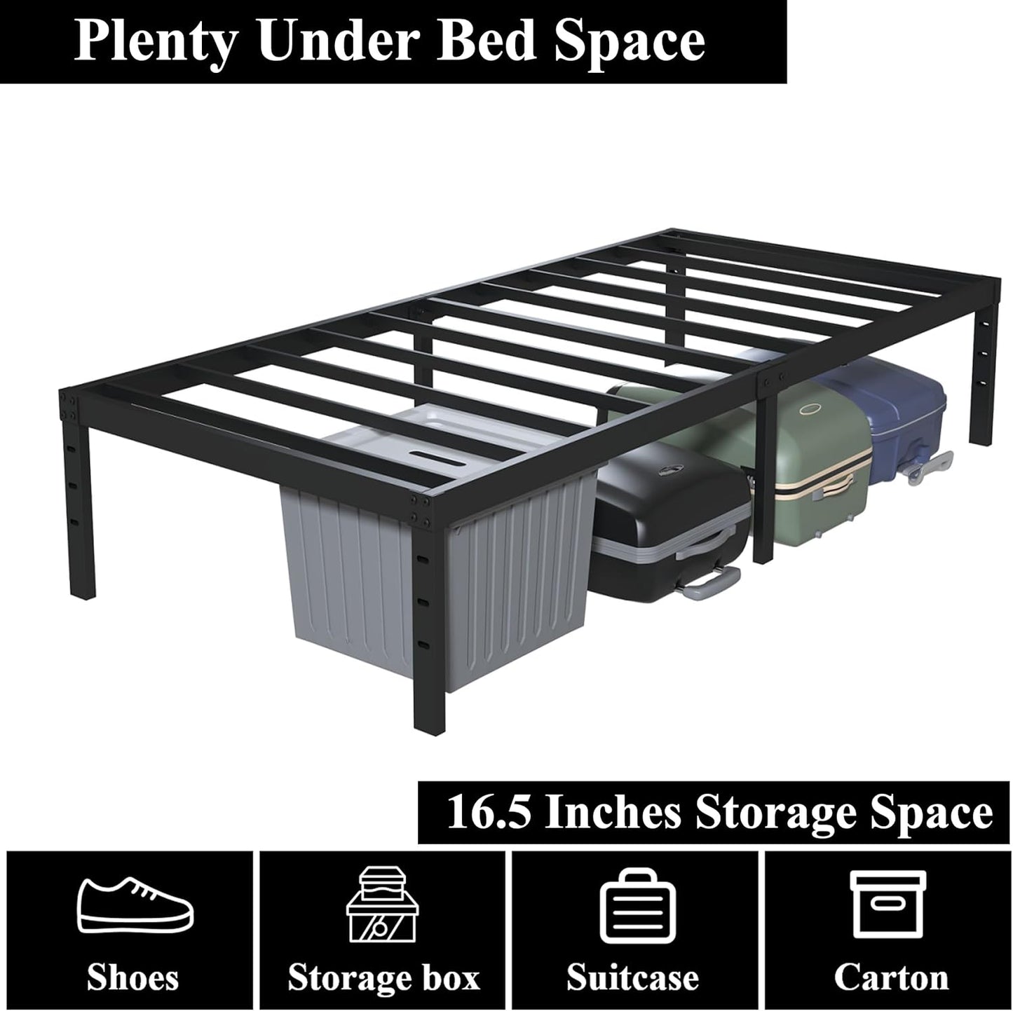 18 Inch Twin XL Bed Frames, Metal Platform Twin XL Bed Frame with High Storage, Eassy Assembly 2,500 Lbs Heavy Duty Bedframes, Black