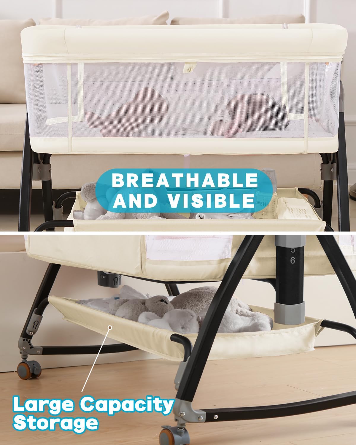 3 in 1 Baby Bassine Crib with Breathable Mesh, Bassinet Bedside Sleeper with Wheels, Mosquito Net, Storage Basket, 6 Height Adjustable, Easy to Fold, Rocking Bassinet for Baby