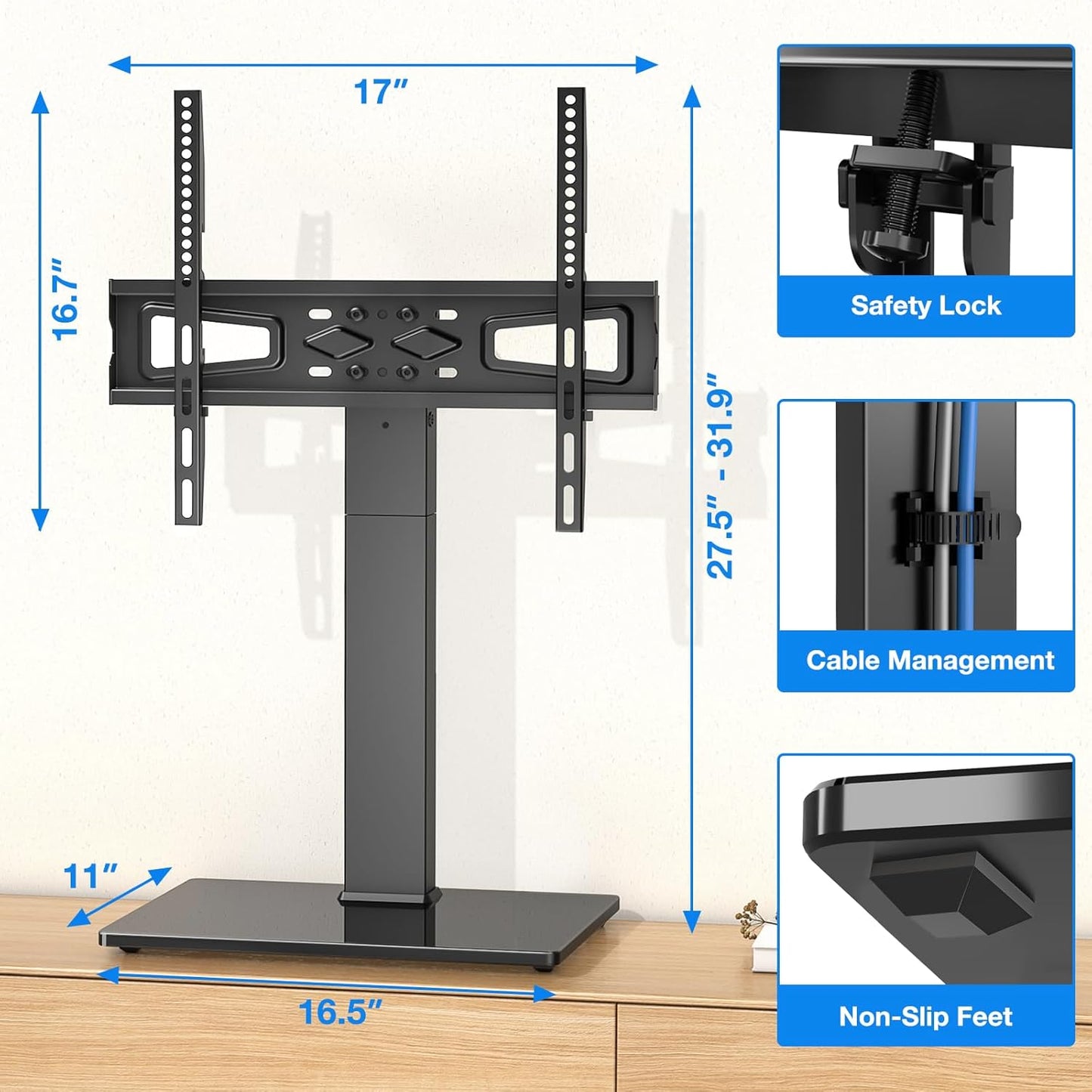 Rfiver Universal Swivel Table Top TV Stand for 37 to 65, 70 75 inch TVs, Height Adjustable Table Top TV Stand Mount with Tilt, Heavy Duty TV Replacement Stand with Tempered Glass Base Up to 110lbs