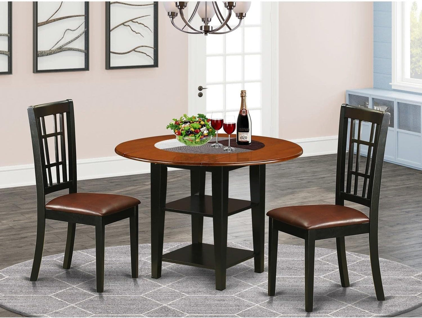 East West Furniture SUNI3-BCH-LC 3 Piece Kitchen Table Set Contains a Round Dining Table with Dropleaf & Shelves and 2 Faux Leather Dining Room Chairs, 42x42 Inch, Black & Cherry